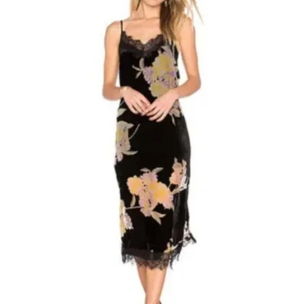 Band of Gypsies Black Velvet Floral Lace Trim Slip Dress midi XS boho Y2K whimsi